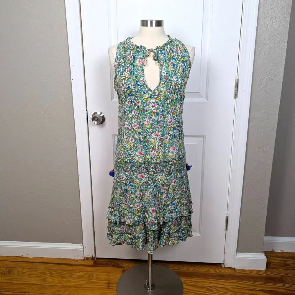 Poupette St Barth | Green Floral Sleeveless Keyhole Mini Dress Tassel Size Mediu